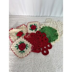 Set of 8 Vintage Crochet Doilies Coasters‎ Rose Flower Green Red Lace